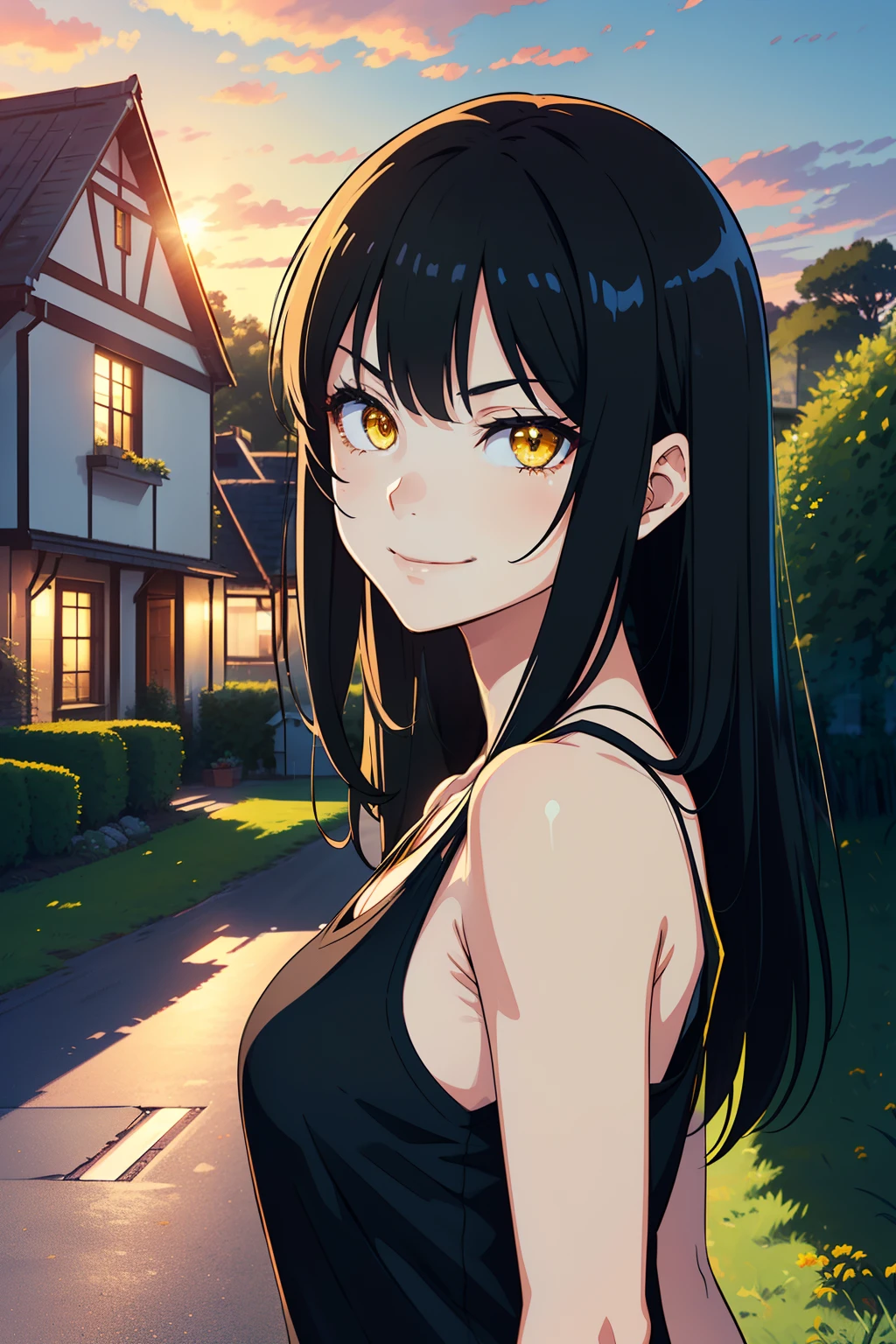 (1 girl), (best quality, high-res, ultra-detailed, anime style, muffled light), ((long black hair, yellow eyes, smug eyes, slightly smiling, looking at viewer)), (countryside house behind), dusk, (black tank top), closeup, portrait