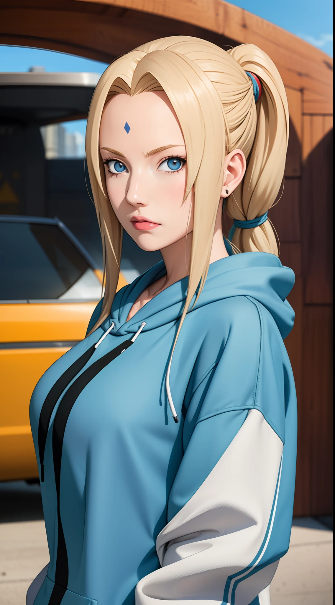 masterpiece, best quality, ultra-detailed, 1girl, upper body, 
long hair, blonde hair, french braid, blue eyes, blunt bangs, 
Wearing Streetwear Hoodie, stylish,
medium breast, cool attitude 
looking at viewer, Tsunade \(shippuden\)