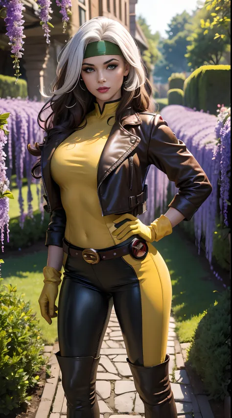 (masterpiece:1.0), (best_quality:1.2), Classic Rogue, 1991 Rogue X-Men, 1girl, Only, full body view, facing the viewer, hand on hips, legs parted, confident stance, proud stance, medium length hair, brown hair, wavy hair, messy hair, one lock of white hair...