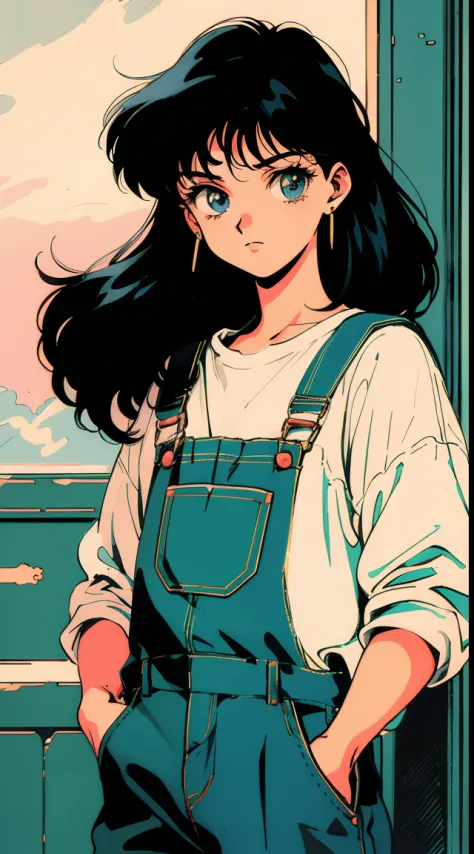 anime girl, 90s anime, vintage classic anime aesthetic, pink overalls, white shirt, short overalls, long black hair