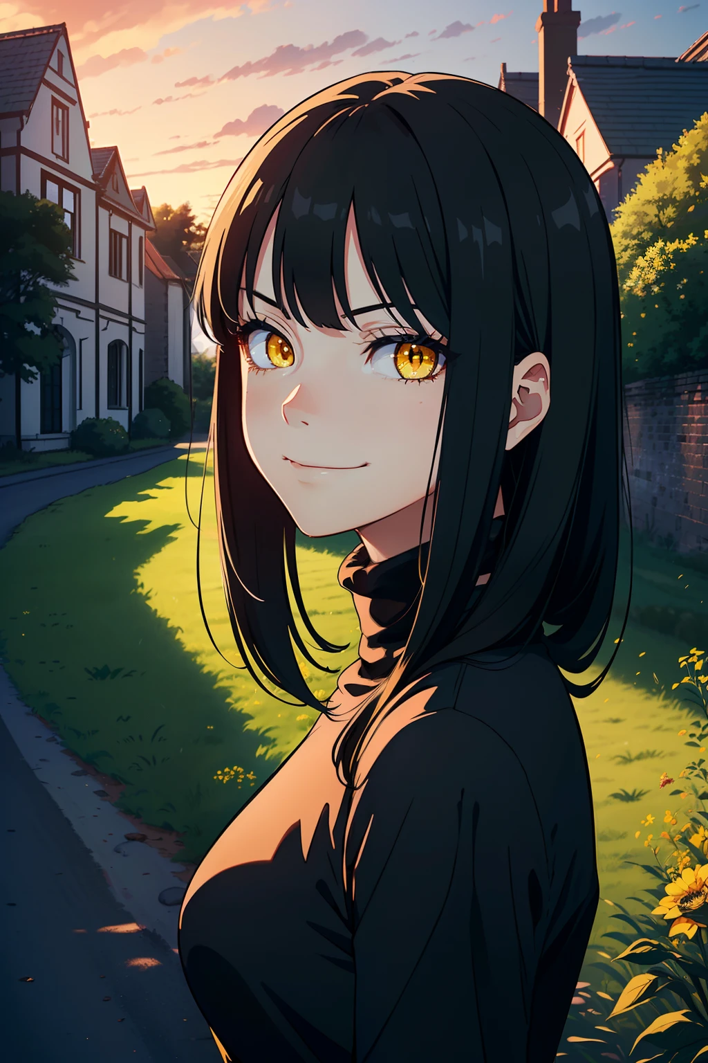 (1 girl), (best quality, 4k, 8k, high-res, ultra-detailed, anime style, muffled light), ((long black hair, yellow eyes, smug eyes, slightly smiling, looking at viewer)), (countryside mansion behind), dusk, (black turtleneck), closeup, portrait