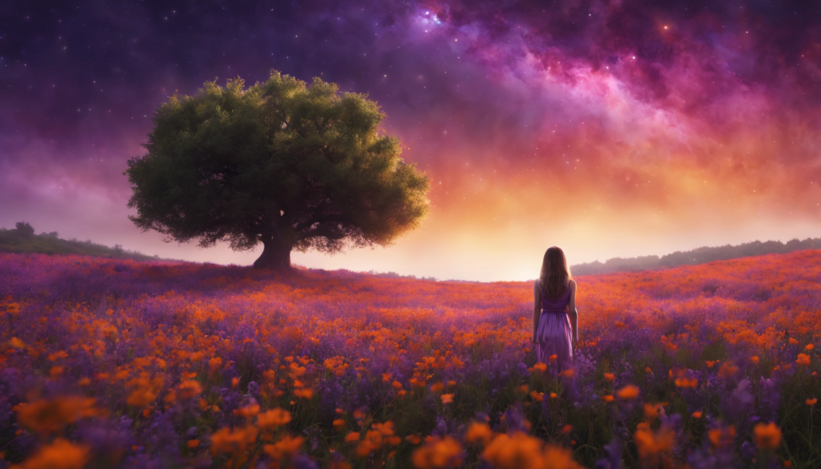 ((1girl em)), Vastas fotos de paisagem, (de baixo, Ar superior, Abrir campos abaixo), Boy standing in a field of flowers and looking up, (lua cheia: 1.2), (Meteoro: 0.9), (Nebulosas: 1.3), montanha ao longe, tree BREAK making art, (Fonte de Luz Quente: 1.2), (Pirilampo: 1.2), abajour, muito roxo e laranja, detalhes intrincados, volumetric lighting BREAK (masutepiece: 1.2), (melhor qualidade), 4k, ultra-detalhada, (dynamic compositions: 1.4), circunstanciado, colorido, (iridescente: 1.2), (brilhar, Atmospheric Illumination), sonhador, Fantastic, (sozinho: 1.2)