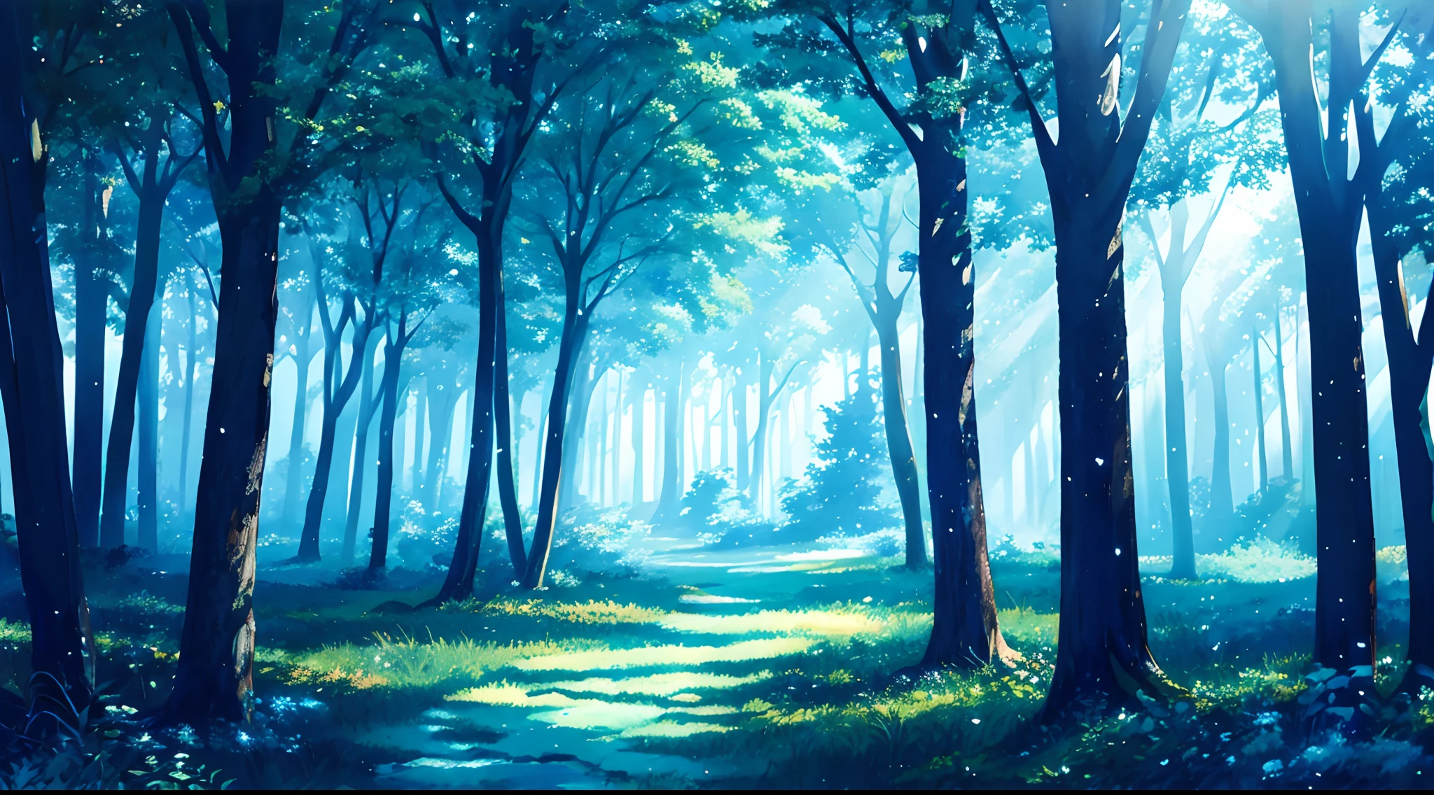 Background (anime style) magical forest, main color: light blue