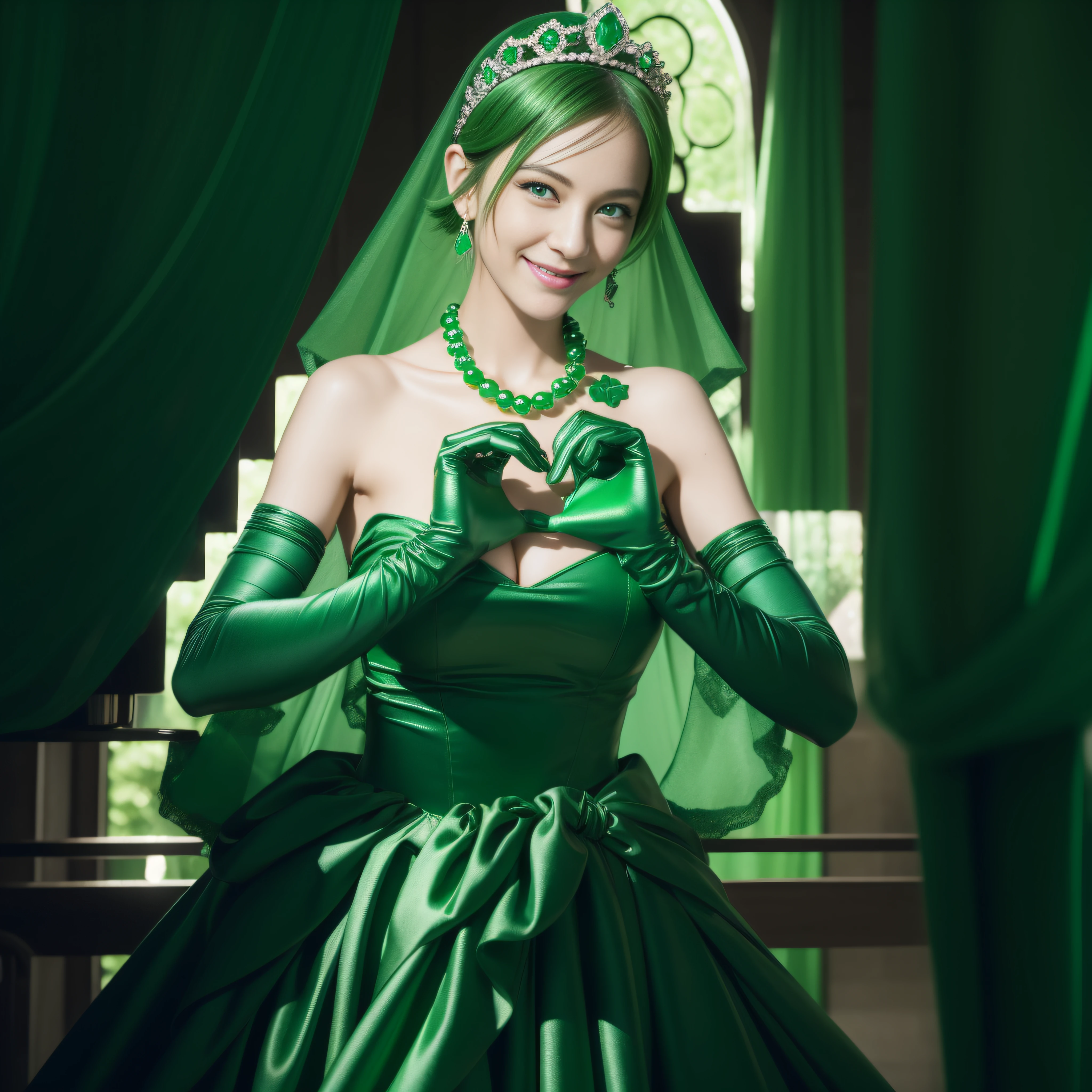 emerald tiara, Green Pearl Necklace, Boyish very short green hair, lipsticks, Japan woman smiling, very short short hair, big breasts beautiful, Green eyes, Long green gloves made of satin material, Green eyes