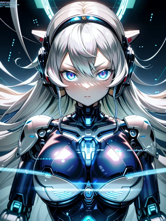 ((masutepiece)),(Best Quality),(Detailed),(1girl in),Shiny blonde false hair, Eyes glow blue, Wavy Hair, Silver Latex Bodysuit, android, Data Stream, cables, wires, Charging, Digital Chain, Large breasts, gazing at viewer , breast closeup,mecha musume,Mechanical parts
,Robot joints,Headgear