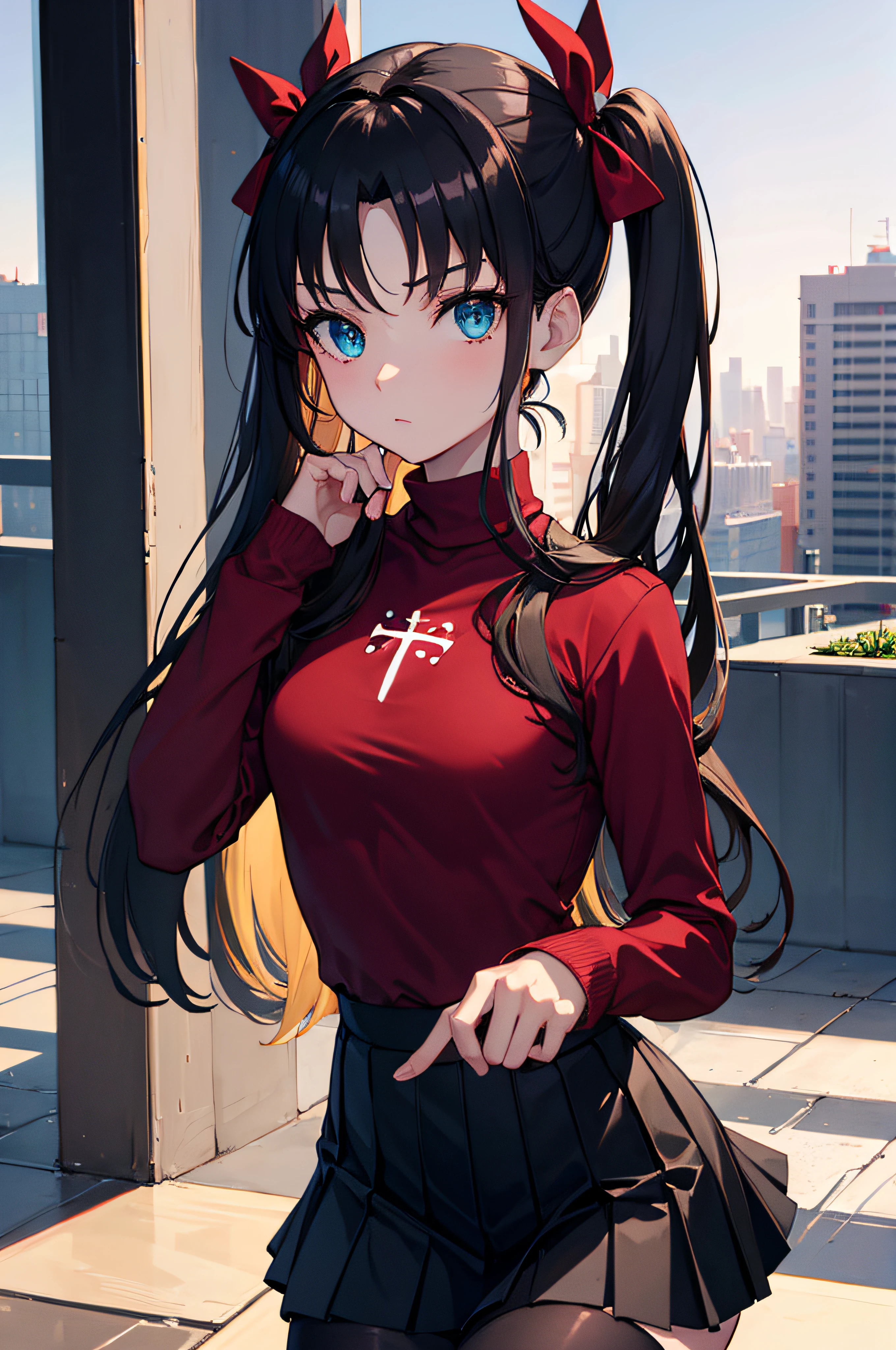 (chef-d&#39;œuvre), meilleure qualité, yeux expressifs, visage parfait, 1fille, seulement, Rintohsaka, Rin Tohsaka, yeux aqua, cheveux noirs, hair ruban, cheveux longs, ruban, serrures latérales, deux côtés vers le haut, black jupe, black hauts de cuisse, manches longues, minijupe, pleated jupe, ((red pull-over)), jupe, pull-over, hauts de cuisse, col roulé, Contexte de la ville, séance, Feuille de personnage, haut du corps, portrait, regarder le spectateur