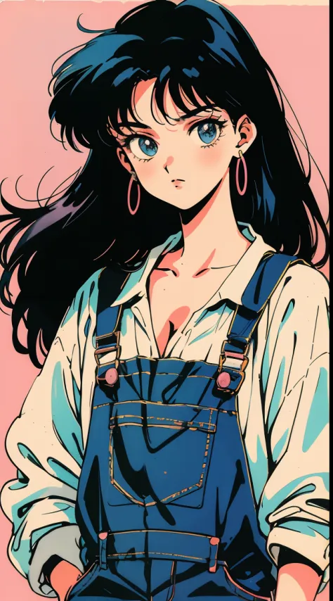 anime girl, 90s anime, vintage classic anime aesthetic, pink overalls, white shirt, short overalls, long black hair, cleavage