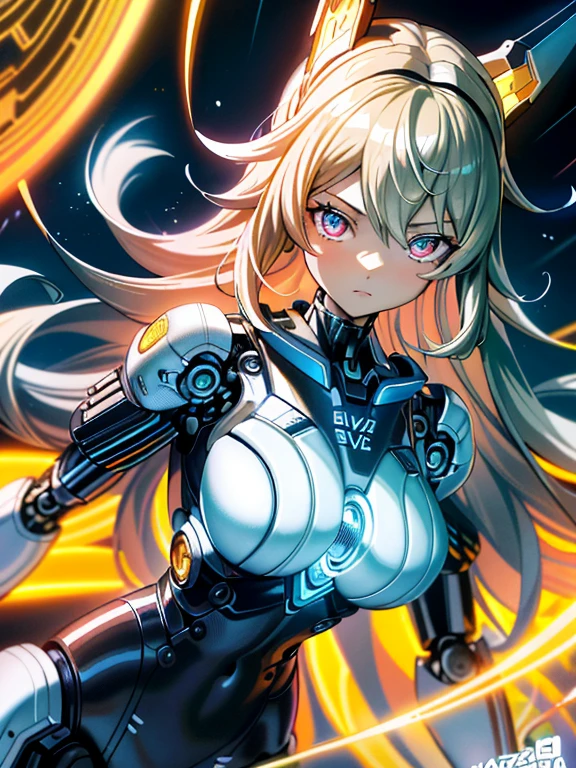 ((masutepiece)),(Best Quality),(Detailed),(1girl in),Shiny blonde false hair, Eyes glow blue, Wavy Hair, Silver Latex Bodysuit, android, Data Stream, cables, wires, Charging, Digital Chain, Large breasts, gazing at viewer , breast closeup,mecha musume,Mechanical parts
,Robot joints,Headgear