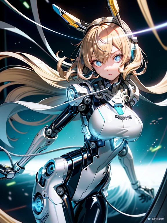 ((masutepiece)),(Best Quality),(Detailed),(1girl in),Shiny blonde false hair, Eyes glow blue, Wavy Hair, Silver Latex Bodysuit, android, Data Stream, cables, wires, Charging, Digital Chain, Large breasts, gazing at viewer , breast closeup,mecha musume,Mechanical parts
,Robot joints,Headgear