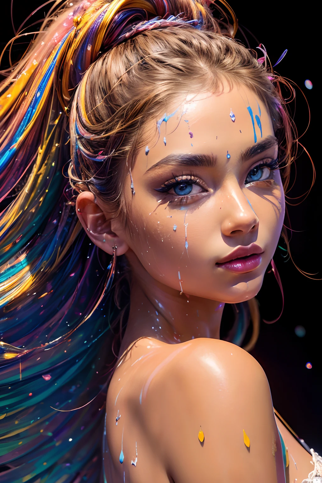 masterpiece, best quality, (extremely detailed CG unity 8k wallpaper, masterpiece, best quality, ultra-detailed, best shadow), (detailed background), (beautiful detailed face, beautiful detailed eyes), High contrast, (best illumination, an extremely delicate and beautiful),1girl,((colourful paint splashes on transparent background, dulux,)), ((caustic)), dynamic angle,beautiful detailed glow,full body, paint splash on face.