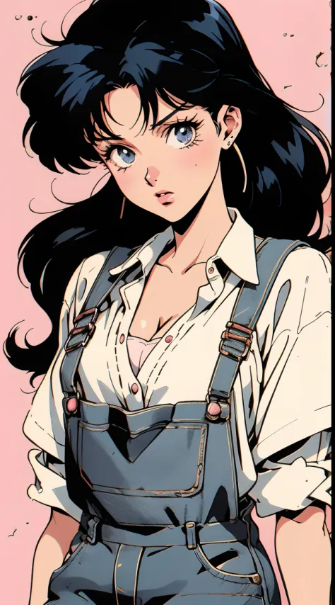 anime girl, 90s anime, vintage classic anime aesthetic, pink overalls, white shirt, short overalls, long black hair, cleavage