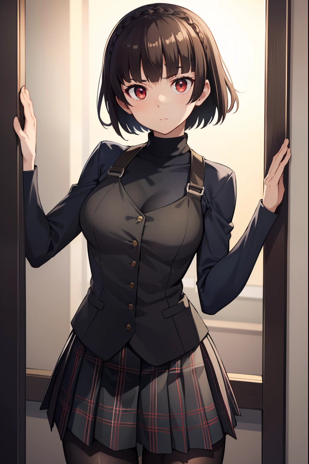 coton, makoto nijima, frange émoussée, tresser, cheveux bruns, crown tresser, (les yeux rouges:1.3), Cheveux courts,
casser black collants, black jupe, black gilet, arc, vêtements à carreaux, checkered jupe, manches longues, minijupe, collants, plaid, plaid jupe, plissé, plissé jupe, red arc, uniforme scolaire, chemise, shuujin academy uniforme scolaire, jupe, Pull-over, Pull-over gilet, col roulé, col roulé Pull-over, gilet, white chemise, white Pull-over
casser looking at viewer,
casser indoors, Salle de classe,
casser (chef-d&#39;œuvre:1.2), Meilleure qualité, haute résolution, unité 8k fond d&#39;écran, (illustration:0.8), (Beaux yeux détaillés:1.6), visage extrêmement détaillé, éclairage parfait, CG extrêmement détaillé, (des mains parfaites, Anatomie parfaite),