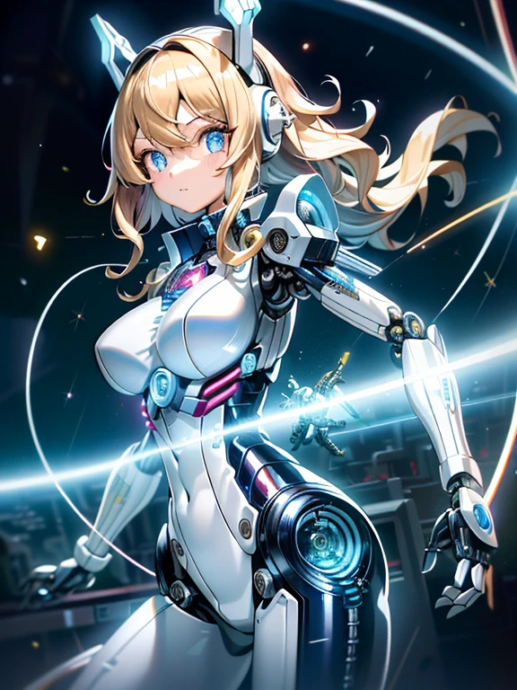 ((masutepiece)),(Best Quality),(Detailed),(1girl in),Shiny blonde false hair, Eyes glow blue, Wavy Hair, Silver Latex Bodysuit, android, Data Stream, cables, wires, Charging, Digital Chain, Large breasts, gazing at viewer , breast closeup,mecha musume,Mechanical parts
,Robot joints,Headgear