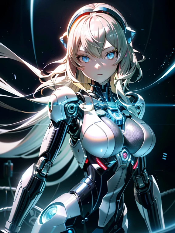 ((masutepiece)),(Best Quality),(Detailed),(1girl in),Shiny blonde false hair, Eyes glow blue, Wavy Hair, Silver Latex Bodysuit, android, Data Stream, cables, wires, Charging, Digital Chain, Large breasts, gazing at viewer , breast closeup,mecha musume,Mechanical parts
,Robot joints,Headgear