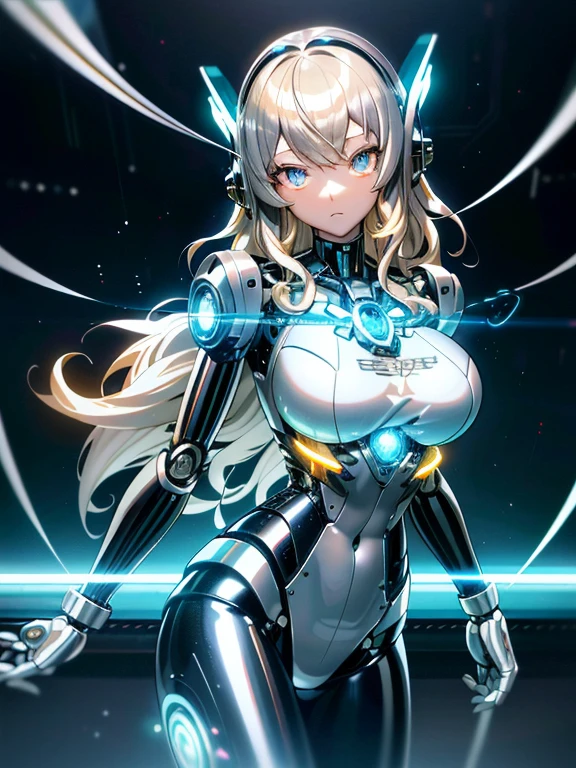 ((masutepiece)),(Best Quality),(Detailed),(1girl in),Shiny blonde false hair, Eyes glow blue, Wavy Hair, Silver Latex Bodysuit, android, Data Stream, cables, wires, Charging, Digital Chain, Large breasts, gazing at viewer , breast closeup,mecha musume,Mechanical parts
,Robot joints,Headgear