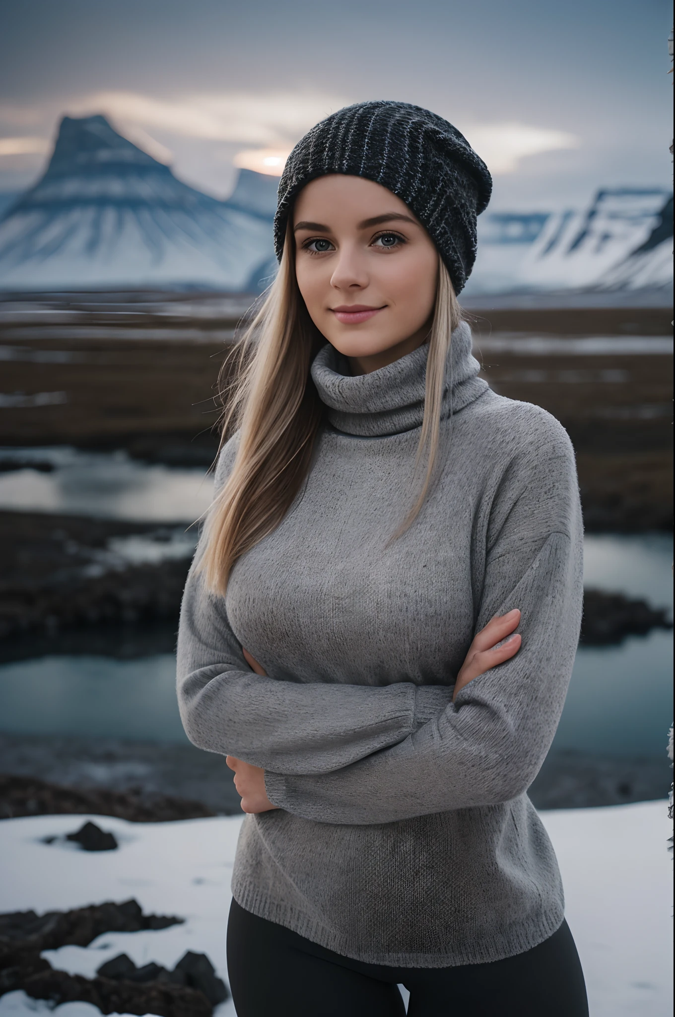 (((Switz, Iceland night time long exposure))), 1 gorgeous woman, 23 ans, subtle smile, flirts with the camera, shes a model, sensual pose, (European girl:1.2), (random hair:1.3), (Realistic hair:1.2), (realistic eyes:1.2), (Beauty face:1.3), SFW, (((grey bonnet on head))), (((large wool turtleneck loose white pullover))),(((black wool leggings))),(((heavy hiking fit boots))), perfect body, perfect hands, perfect breast, Kodak gold 200, medium shot, Best quality, ultra highres, (photoreallistic:1.4), 8k, (((extrreme low light conditions)))