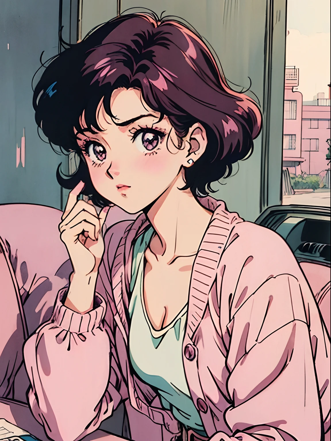Junge mit kurzen Haaren、Ein dunkelhaariger:1.2),(Rosa Kostüm:1.1),(Vintage 90er Jahre:1.1),(Romantik im Anime-Stil:1.3), Ich sitze in einem rosa Auto, rosa Strickjacke, Schwarzes Haar, lipgloss, Zigarette