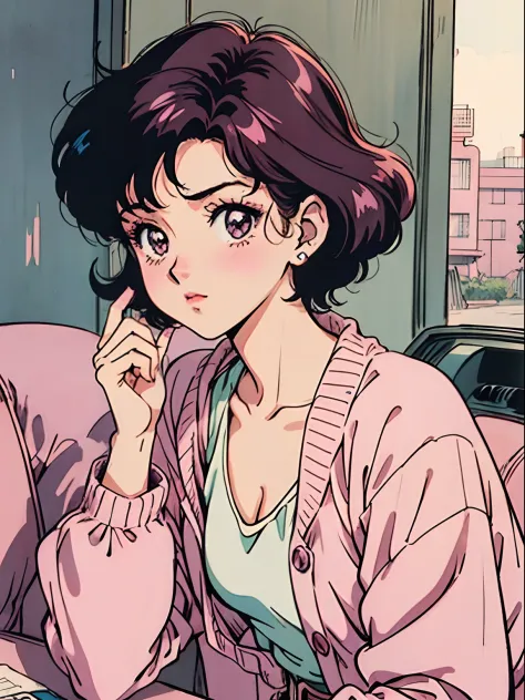 Boy with short hair、A dark-haired:1.2),(Pink costume:1.1),(Vintage 90s:1.1),(Romance Anime Style:1.3), Sitting in a pink car, Pi...
