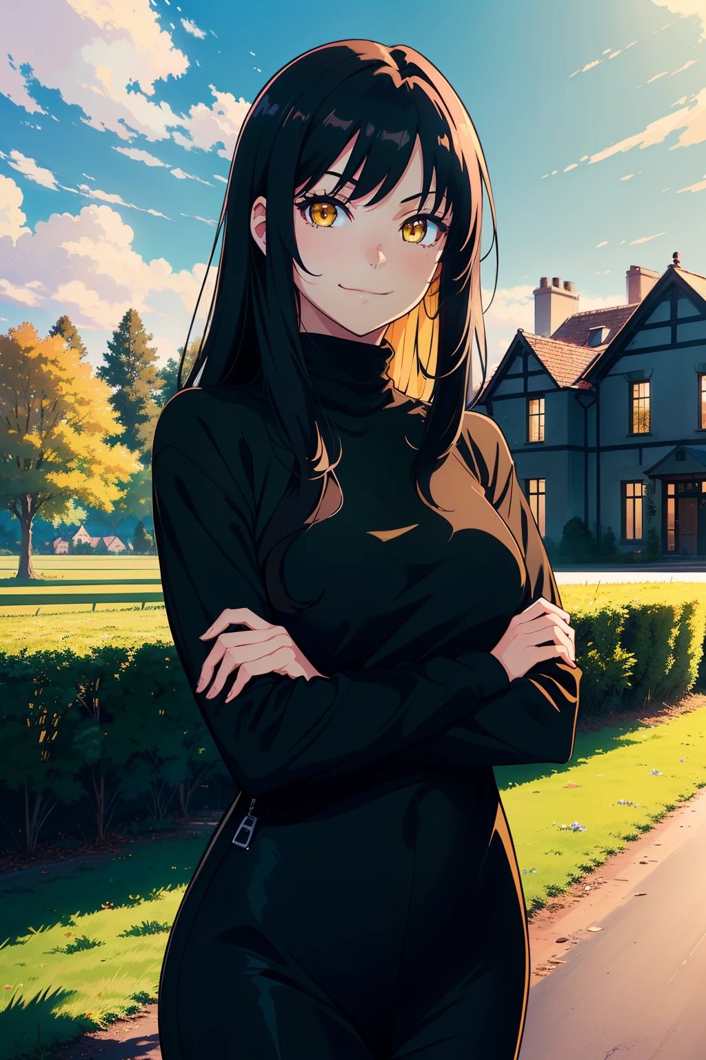 (1 girl), (best quality, high-res, ultra-detailed, anime style, pastel), ((long black hair, yellow eyes, smug eyes, slightly smiling, looking at viewer)), (countryside mansion behind), (black turtleneck), beautiful skies, anime landscape, portrait, black casual clothes, glamour shot