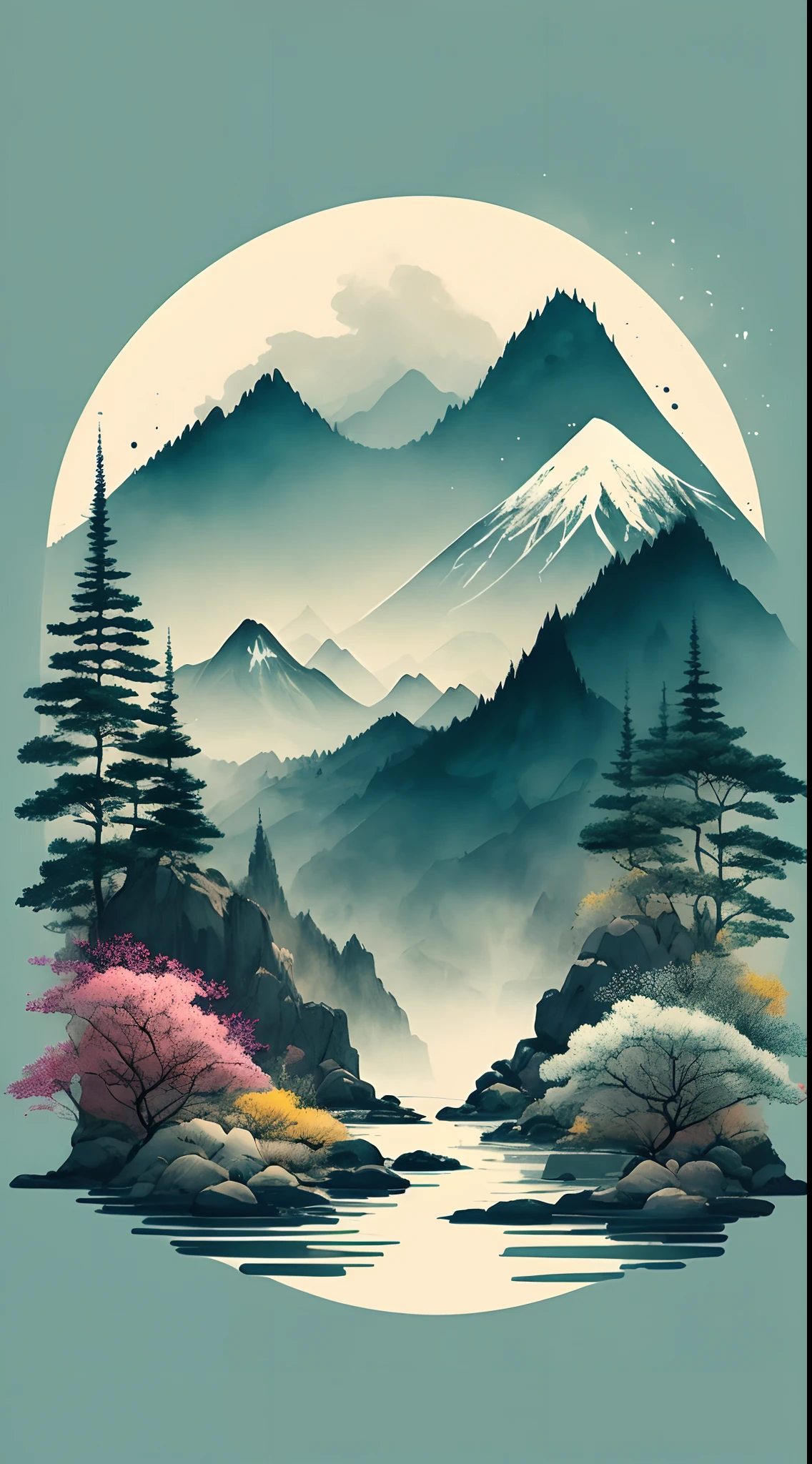 blaugrüner Hintergrund, Landschaft, ink, Berge, Wasser, Bäume, (blaugrüne Themenfarbe:1.2), (Hex-Farbe #008080)