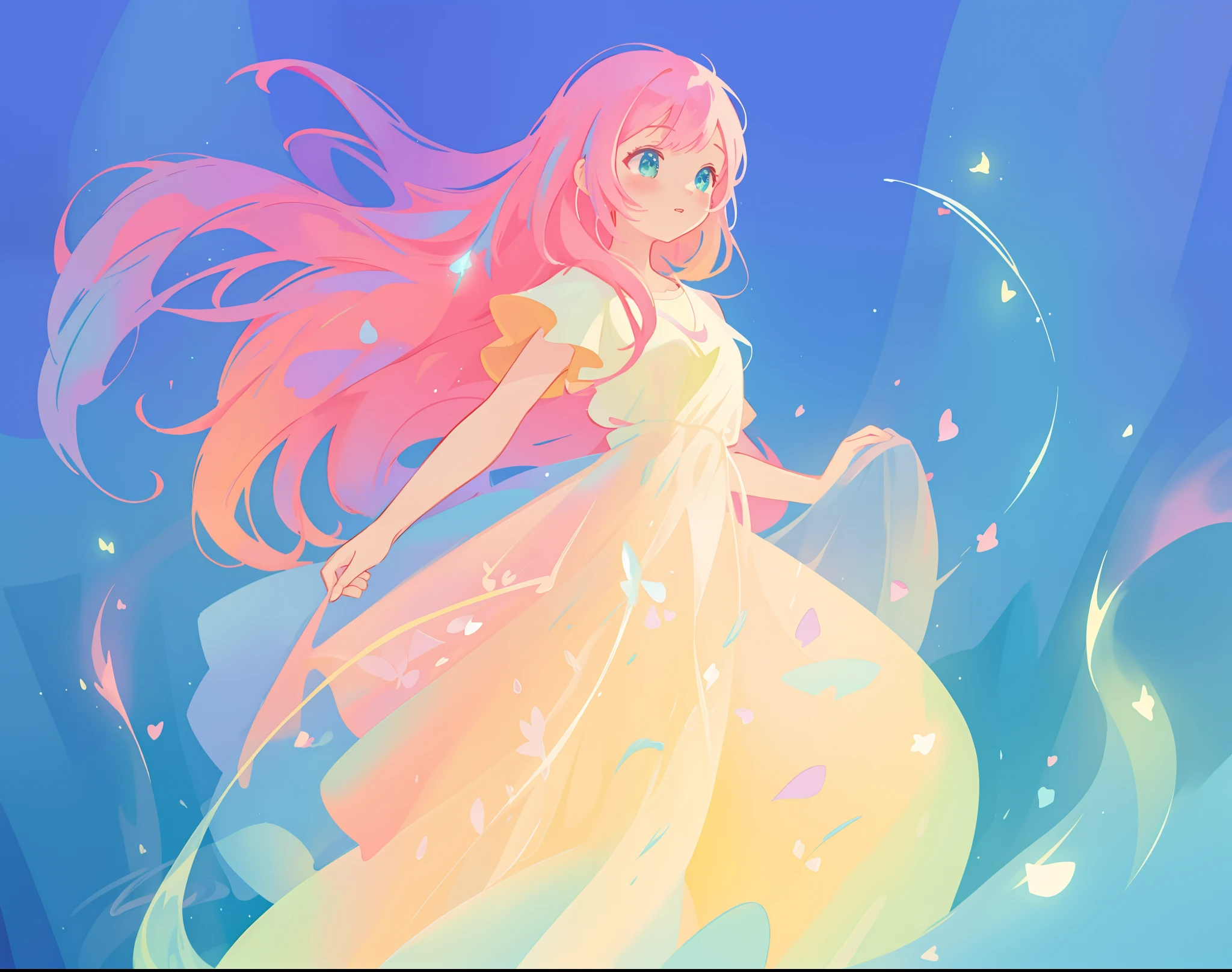 beautiful girl in flowing white dress, vibrant pastel colors, (colorful), magical lights, long flowing colorful pink hair, otherworldly aqua and blue landscape background, inspired by Glen Keane, inspired by Lois van Baarle, disney art style, by Lois van Baarle, glowing aura around her, by Glen Keane, jen bartel, glowing lights! digital painting, flowing glowing hair, glowing flowing hair, beautiful digital illustration, fantasia background, whimsical, magical, fantasy, beautiful face, ((masterpiece, best quality)), intricate details, highly detailed, sharp focus, 8k resolution, sparkling detailed eyes, liquid watercolor