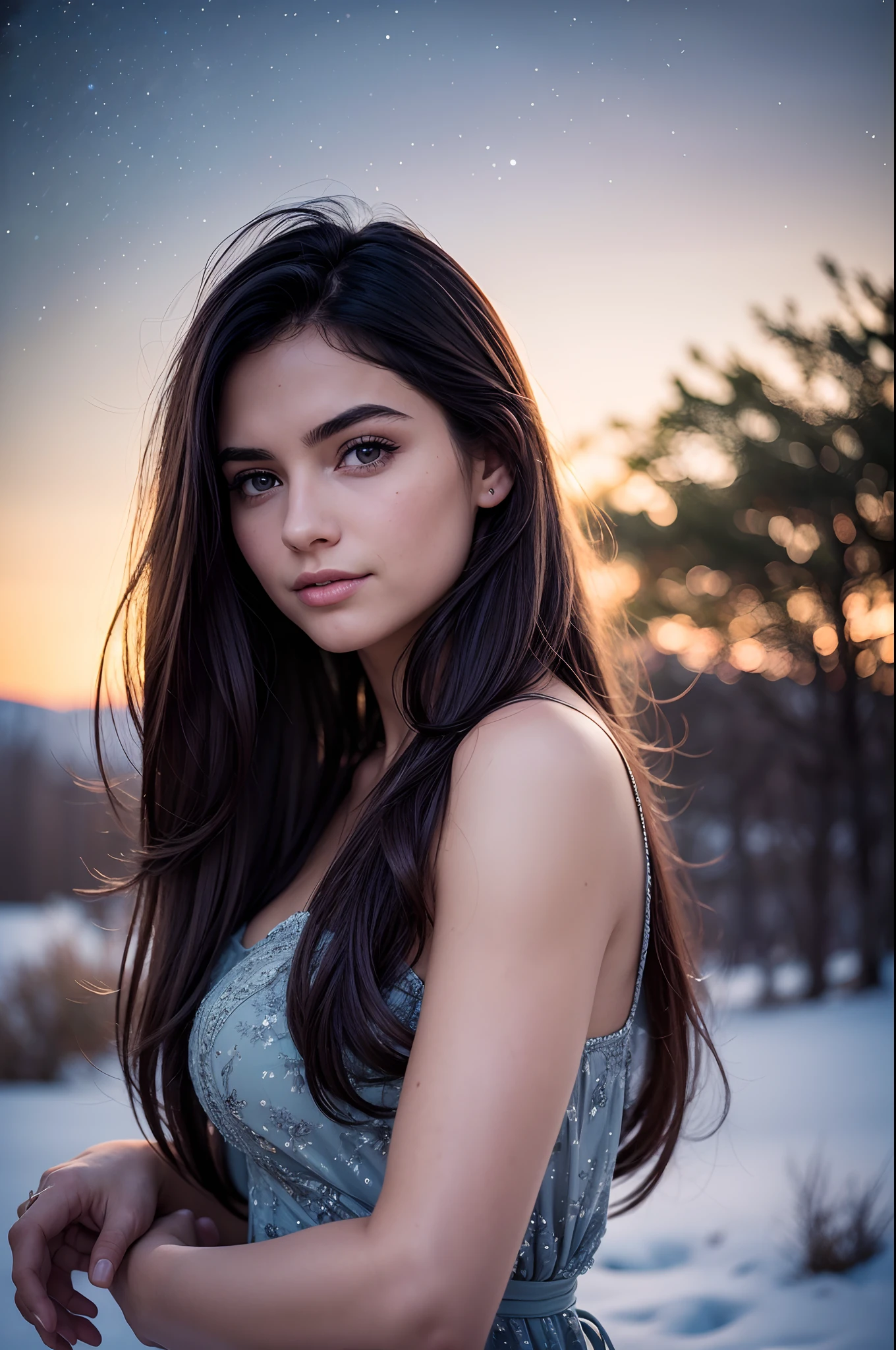 night photography, in the countryside, under the winter starry sky,
1 gorgeous woman,
23 ans, 
subtle smile, 
flirts with the camera,
she’s a model, sensual pose, 
(European girl:1.2), (random hair:1.3),
(Realistic hair:1.2),
(realistic eyes:1.2),
(Beauty face:1.3),
perfect body, 
perfect hands, 
Kodak gold 200, 
National Geographic style, medium shot,
Best quality, ultra highres, (photoreallistic:1.4), 8k,