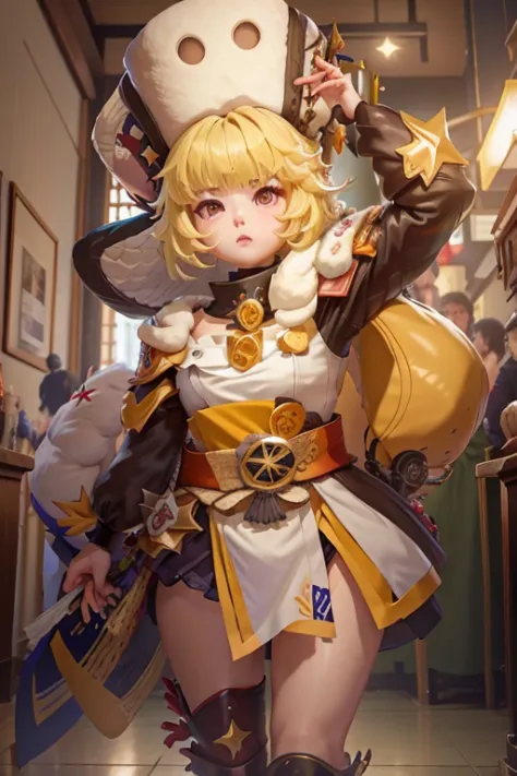 uma garota sozinha hook de(honkai star rail), casa, interior, blonde hair, cabelo curto, olhos amarelos, fur hat, very cute expr...