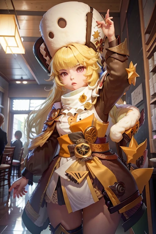 Uma garota sozinha Hook de(Honkai Star Rail), casa, interior, blonde hair, cabelo curto, olhos amarelos, fur hat, very cute expression, pernas grossas e curtas, rosto bem detalhado, raidenshogundef, raidenshogunrnd, bumbum, backview