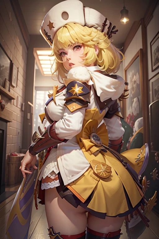 1 garota sozinha Hook (Honkai Star Rail), solo, casa, interior, blonde hair, cabelo curto, olhos amarelos, fur hat, very cute expression, pernas grossas e curtas, rosto bem detalhado, raidenshogundef, raidenshogunrnd, bumbum, (fundo: um quarto com uma cama), noite, luzes, backview