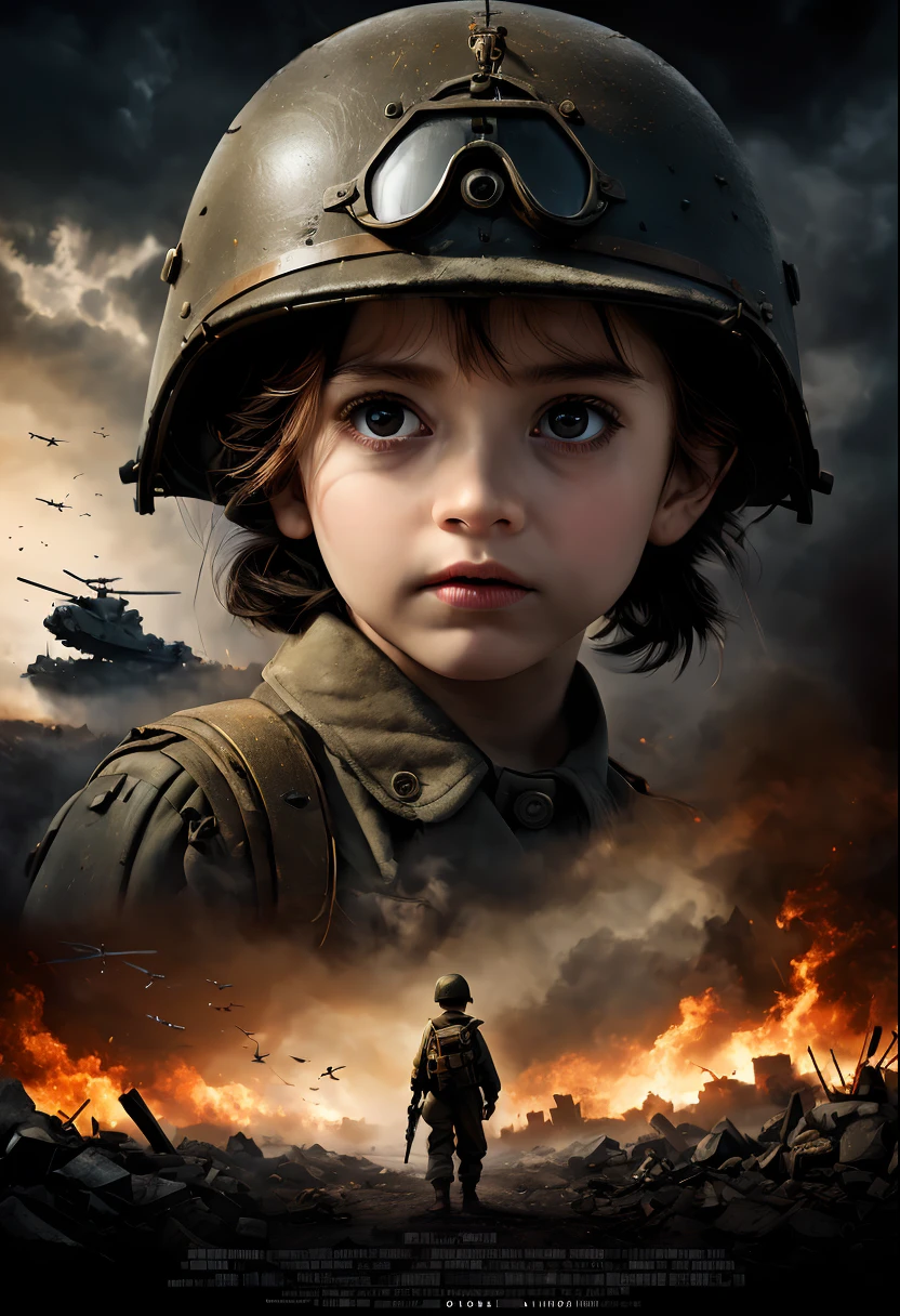 cinematic ligh《Children in war》poster for, title, and credits, A high resolution, Ultra-detailed, Vivid colors, Dramatic lighting, Realistic, sportrait, Bokeh, Cinematic, CreativeDesign, Intense atmosphere, Dark background, suspenseful, shadowy figures, Melancholy tone, Excellent typography, Artistic composition, Dynamic angles, Contrasting colors, Depth of field, striking visual effects, Strong emotions, Haunting images, captivating visuals, Atmospheric settings, theatrical, mystical ambiance, delicate craftsmanship, Real Persono, intriguing narrative, Professional artwork, Engaging storyline, mystical expressions, Cinematic style, Thought-provoking symbolism, Engaging poster design, Iconic visuals, Intelligent execution, Visually stunning, Visual appeal, attention-grabbing, memorable, Reminiscent of classic movie posters，(Against the war English text)