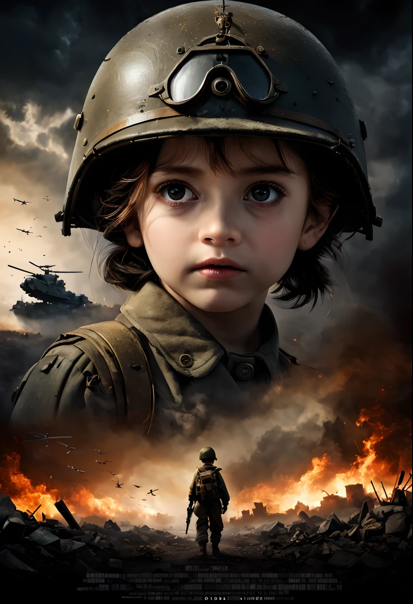 luz cinemática《niños en la guerra》cartel para, título, y creditos, Una alta resolución, ultra detallado, colores vívidos, iluminación dramática, Realista, retrato deportivo, bokeh, cinematográfico, Diseño Creativo, atmósfera intensa, fondo oscuro, suspenso, figuras sombrías, tono melancólico, Excelente tipografía, composición artística, ángulos dinámicos, colores contrastantes, profundidad de campo, efectos visuales sorprendentes, Emociones fuertes, Imágenes inquietantes, imágenes cautivadoras, Atmospheric settings, Teatral, ambiente místico, artesanía delicada, Real Persono, narrativa intrigante, obra de arte profesional, historia atractiva, Expresiones místicas, cinematográfico style, Simbolismo que invita a la reflexión, Atractivo diseño de carteles., Imágenes icónicas, Ejecución inteligente, visualmente impresionante, atractivo visual, llamar la atención, memorable, Con reminiscencias de los carteles de películas clásicas.，(Contra la guerra texto en inglés.)