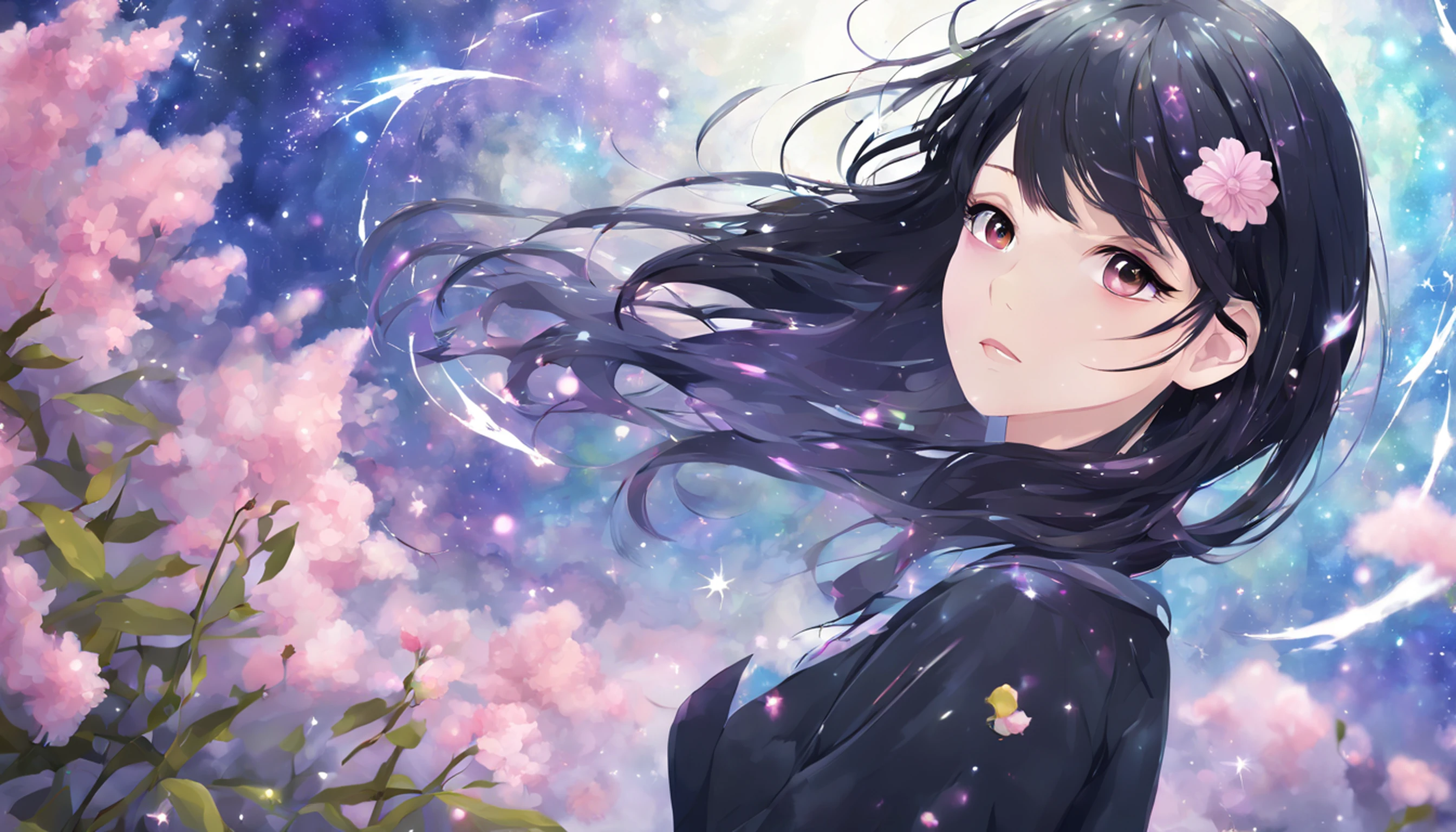 (best quality, masterpiece), 1girl, pose, particle, wind, flower, upper body, simple background, looking at viewer, black wildly hair, cosmic, nebulas, galaxy