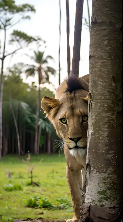 photograph of a lion eating bamboo in a forest with other lions (good composition), (em quadro), centralizado, 8k, 4k, detalhado...