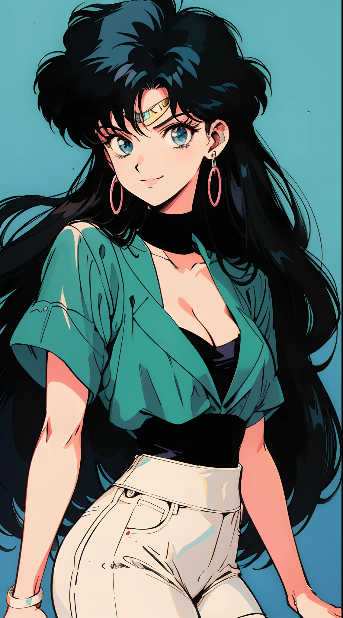 A close up of a woman with long black hair and a green shirt - SeaArt AI