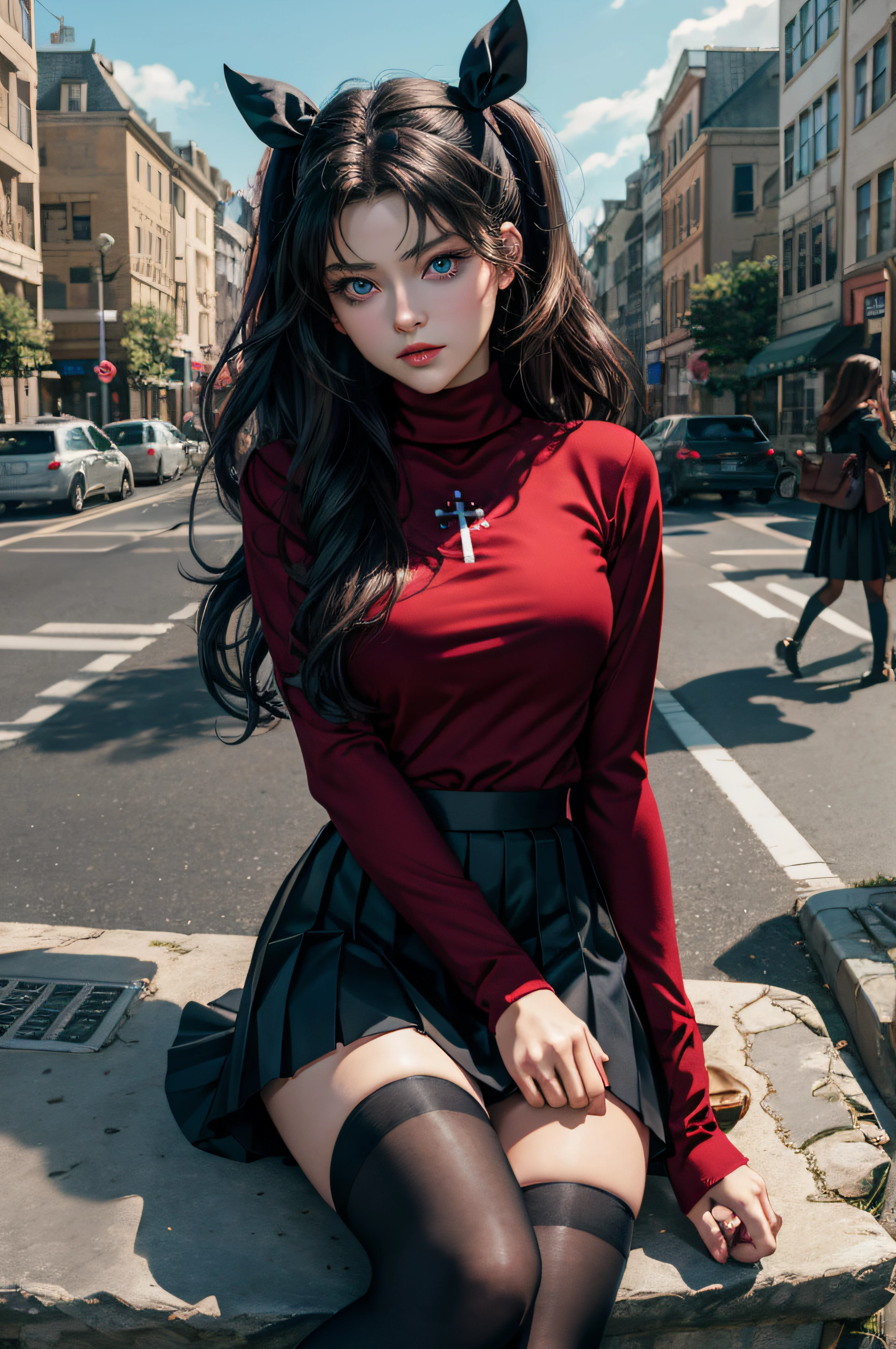 (masterpiece), best quality, expressive eyes, perfect face, 1girl, solo, rintohsaka, rin tohsaka, aqua eyes, black hair, hair ribbon, long hair, ribbon, sidelocks, two side up, black skirt, black thighhighs, long sleeves, miniskirt, pleated skirt, ((red sweater)), skirt, sweater, thighhighs, turtleneck, city background, sitting, character sheet, upper body, portrait, looking at viewer