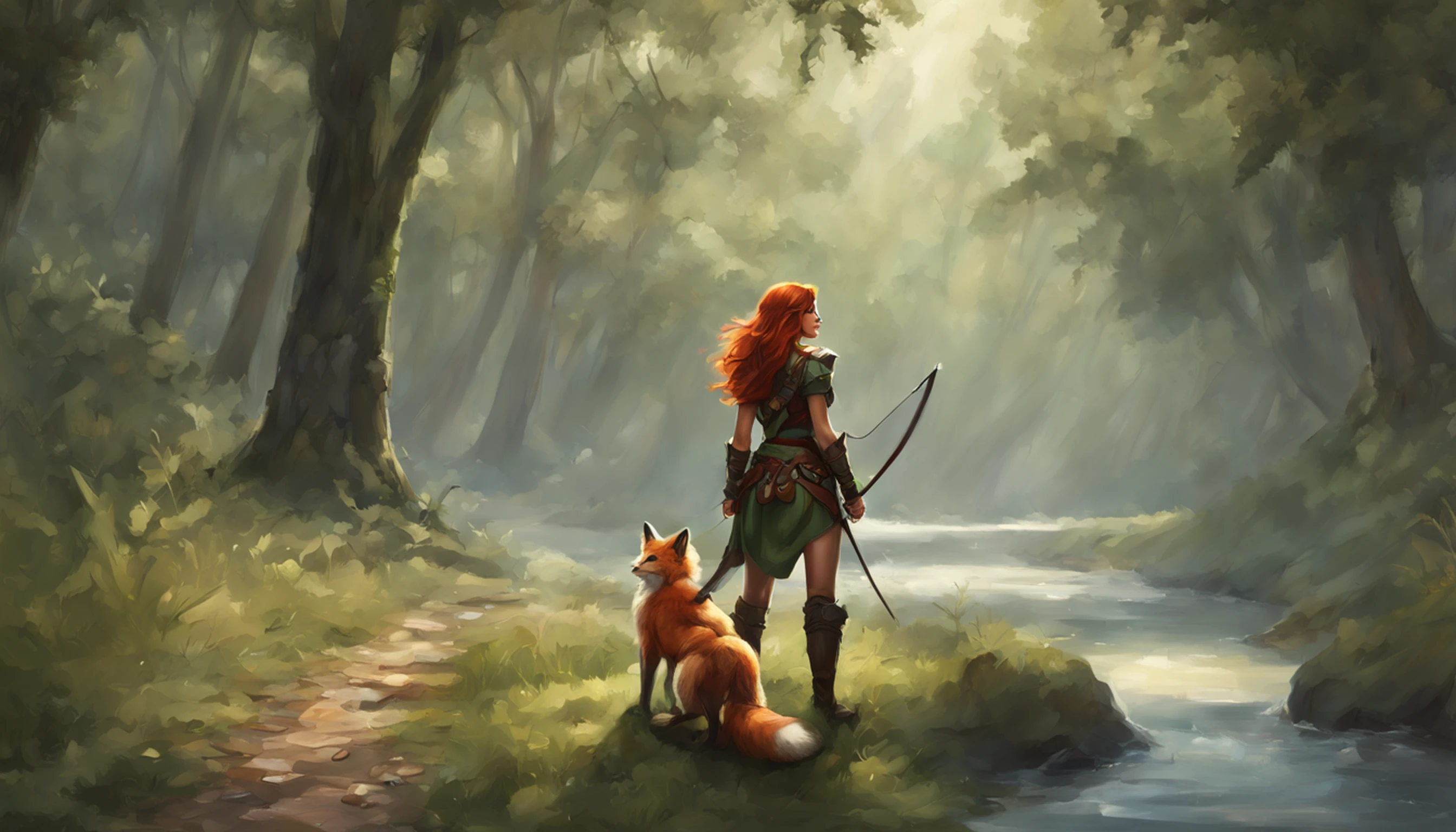 high details, best quality, 8k, [ultra detailed], masterpiece, best quality, (extremely detailed), dynamic angle, ultra wide shot, RAW, photorealistic, fantasy art, dnd art, rpg art, realistic art, a wide angle picture of a female human ranger and her pet fox, warrior of nature, fighter of nature, full body, [[anatomically correct]]. dynamic position (1.5 intricate details, Masterpiece, best quality) talking to a fox (1.6 intricate details, Masterpiece, best quality) in forest (1.5 intricate details, Masterpiece, best quality), a female wearing leather clothes (1.4 intricate details, Masterpiece, best quality), leather boots, thick hair, long hair, red hair, fair skin intense eyes, forest background (intense details), a stream flowing in the backgraound (1.4 intricate details, Masterpiece, best quality), dawn light, clouds (1.4 intricate details, Masterpiece, best quality), dynamic angle, (1.4 intricate details, Masterpiece, best quality) 3D rendering, high details, best quality, highres, ultra wide angle