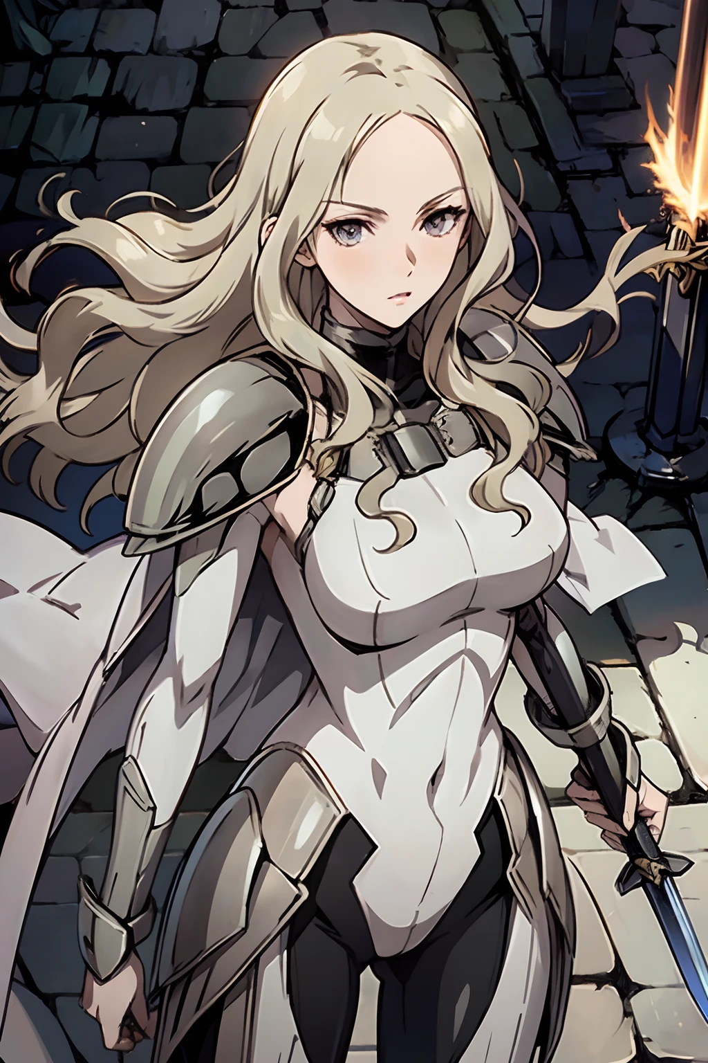 (grey eyes:1.2),fighting stance,weapon, large_long_sword,armor,cape,shoulder armor,bodysuit,dajianTeresa,wavy hair,pale skin,looking at view,large breasts,contemptuous expression,best quality