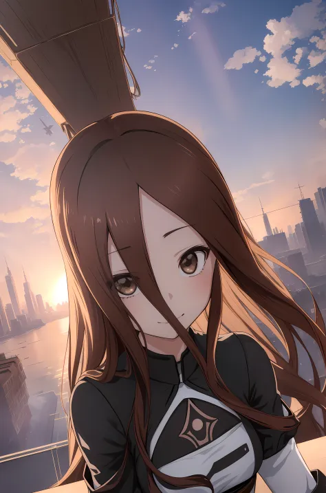 takagi1, seductive, wearing 2b's dress, nier: automata style sprawling metropolis, 8k wallpaper, ultra detailed, beautiful, mast...