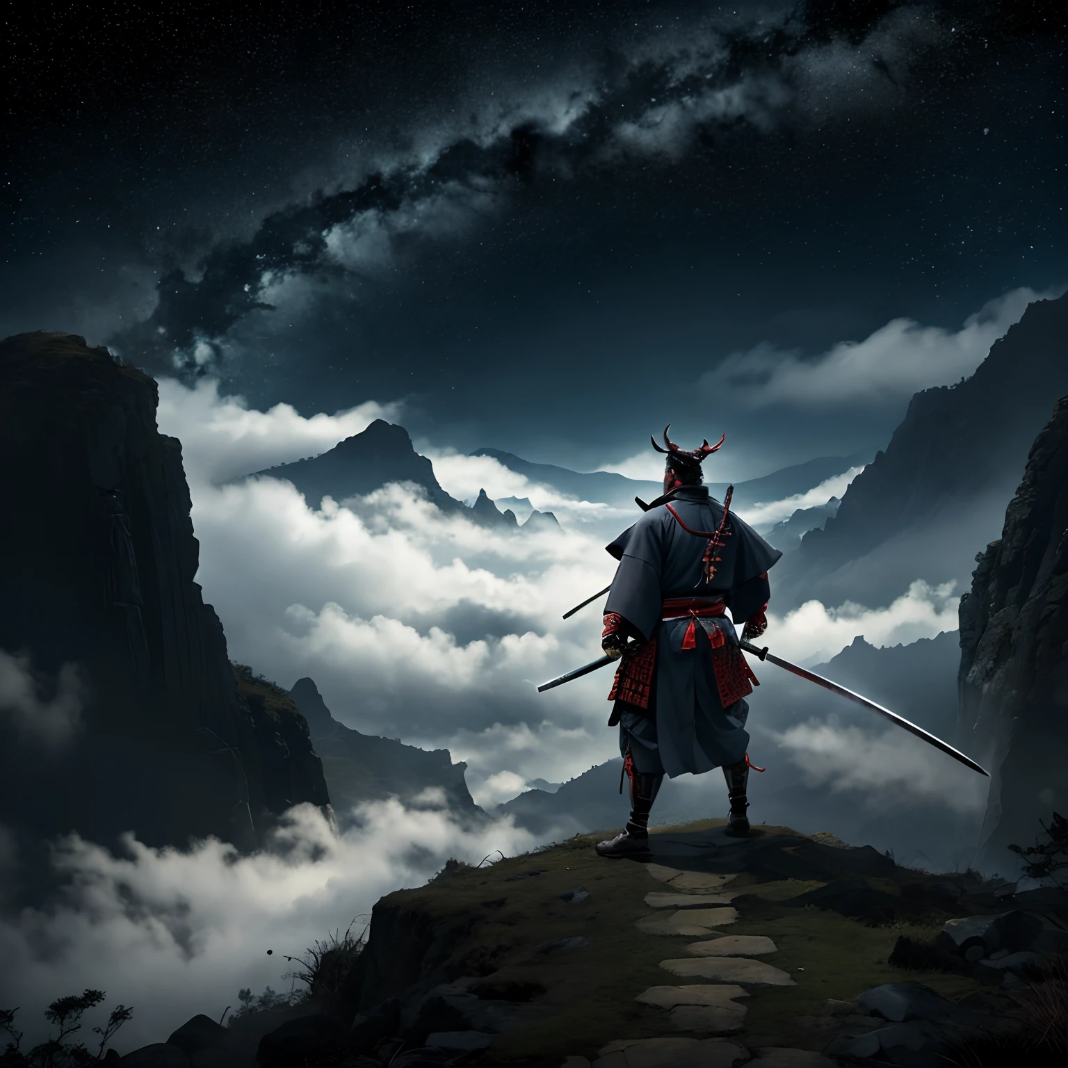 O samurai segura uma katana, Starry sky and mist cover the landscape, Demon Samurai, oni, black sky, demoniaca