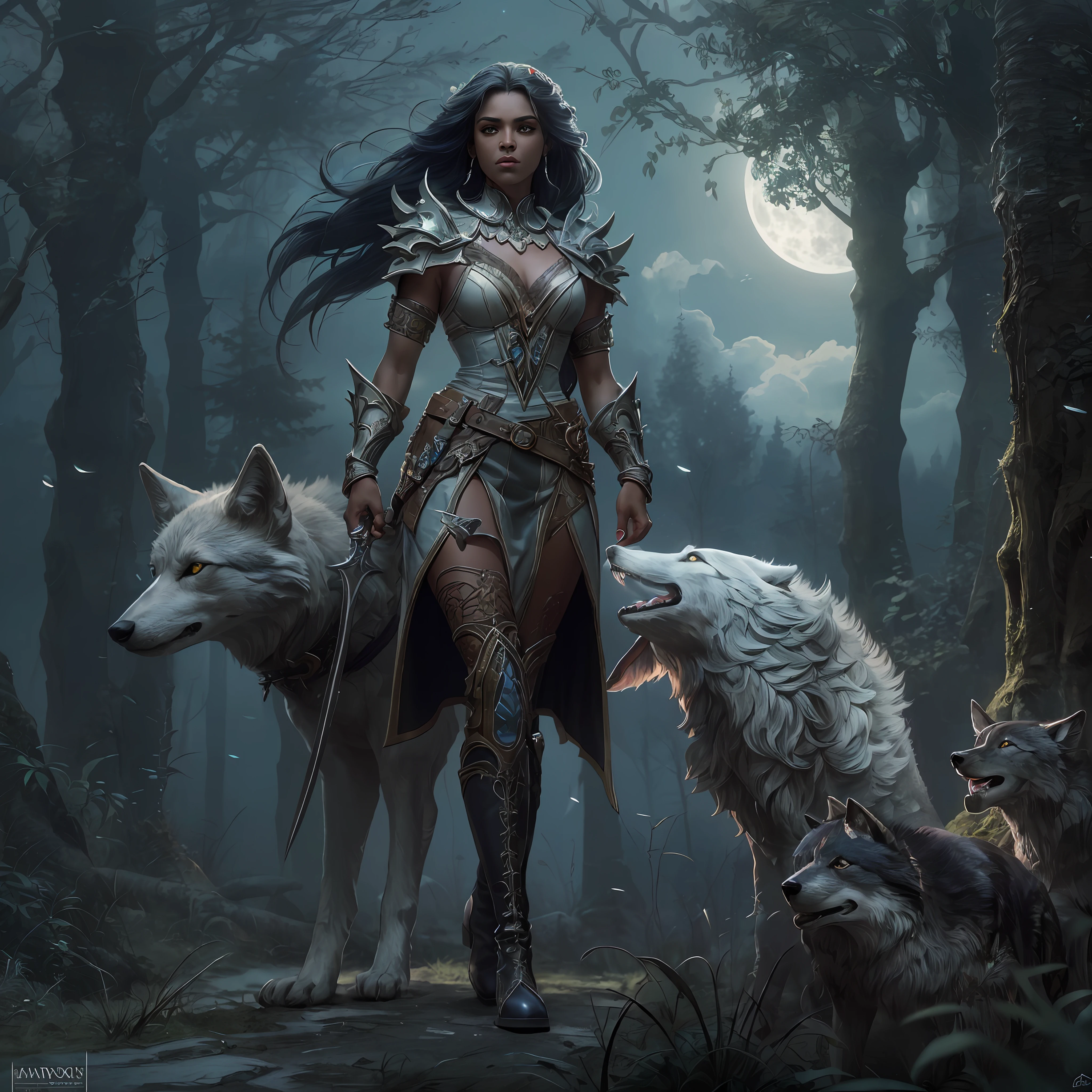 high details, best quality, 8k, [ultra detailed], masterpiece, best quality, (extremely detailed), dynamic angle, ultra wide shot, RAW, photorealistic, fantasy art, dnd art, rpg art, realistic art, a wide angle picture of a female drow ranger and her pet wolf,  warrior of nature, fighter of nature, full body, [[anatomically correct]] full body (1.5 intricate details, Masterpiece, best quality) talking to a wolf (1.6 intricate details, Masterpiece, best quality) armed with a sword  (1.5 intricate details, Masterpiece, best quality). in dark forest (1.5 intricate details, Masterpiece, best quality), a female  dark elf wearing leather armor (1.4 intricate details, Masterpiece, best quality), leather boots, thick hair, long hair, white hair, black skin intense eyes, forest  background (intense details), moon light, stars light, clouds (1.4 intricate details, Masterpiece, best quality), dynamic angle, (1.4 intricate details, Masterpiece, best quality) 3D rendering, high details, best quality, highres, ultra wide angle