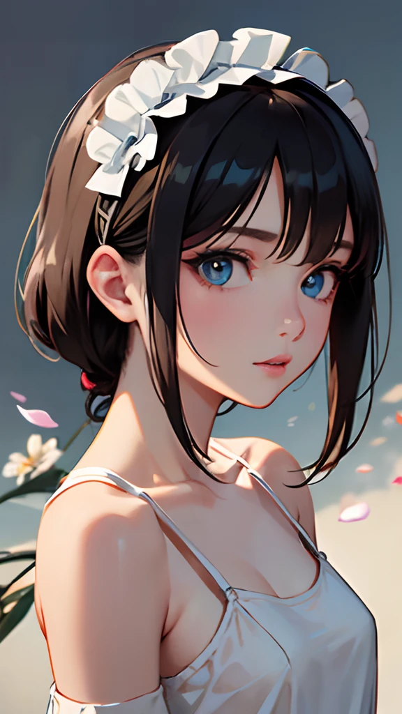 highres, manga-style, detailed eyes and face, realistic shadows, porcelain skin, small breasts, black hair, extremely detailed features, 8K resolution, perfect facial structure, flawless lips, perfect nose, beautiful expressive eyes, looking at the viewer, white shirt, floral hair accessory, masterpiece:1.2, single girl, braless, pantyless, cowboyshot