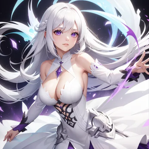 a women, white hair, purple eyes, white dress, silver dragon