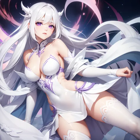 a women, white hair, purple eyes, white dress, silver dragon