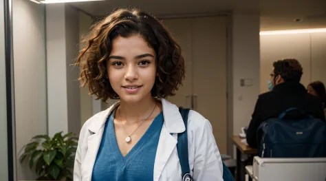 Create a prompt that generates an image of a medical student with Brazilian features. The model should be mulatta, with curly hair, wearing a white coat and a blue backpack on her back. Ensure the inclusion of curly hair, without a stethoscope. Ensure real...