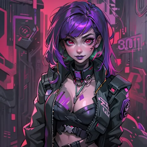 ((solo)). female character around 30 years old. mature body with large breasts and cleavage. wearing black clothing, a cyberpunk...