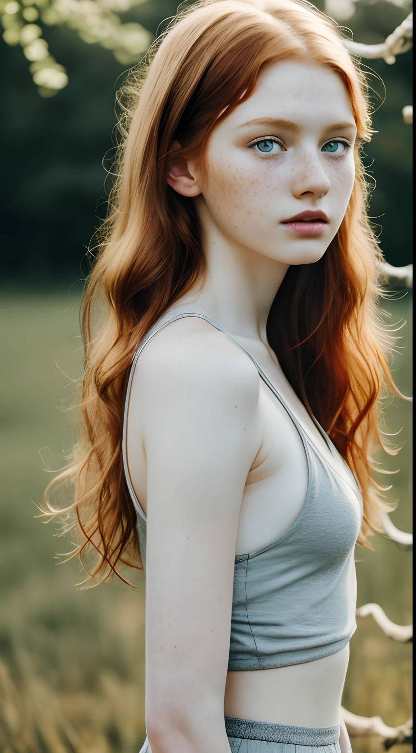 A close up of a woman with long red hair in a field - SeaArt AI