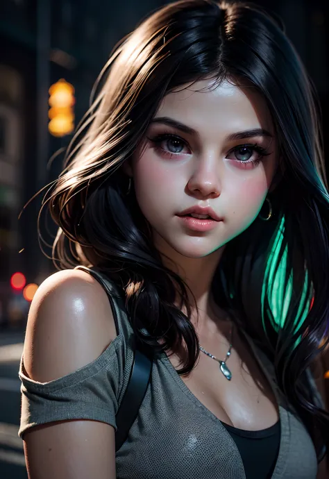 masterpiece, best quality, half body, portrait, night city, 1girl, ((Selena Gomez)), anime, 3D, pixar, realistic, teen girl, smi...