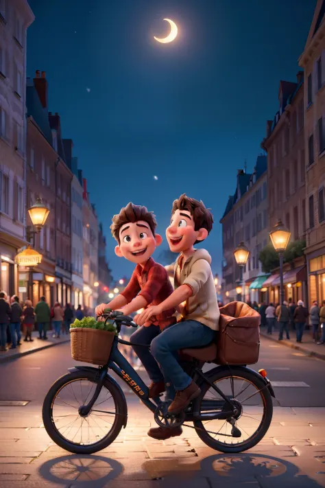 (best quality,4k,8k,highres,masterpiece:1.2),ultra-detailed,realistic, Two young men in love returning from Rosa Bonheur at Buttes Chaumont at night on a single bicycle in Paris at night, romantic ride, happy and joyful expressions, city lights reflecting ...