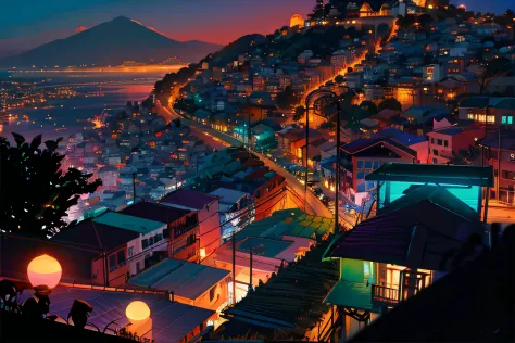 a city lit up at night with a mountain in the background, favela futurista, um ambiente de favela opulento, favela, favelas, sci...