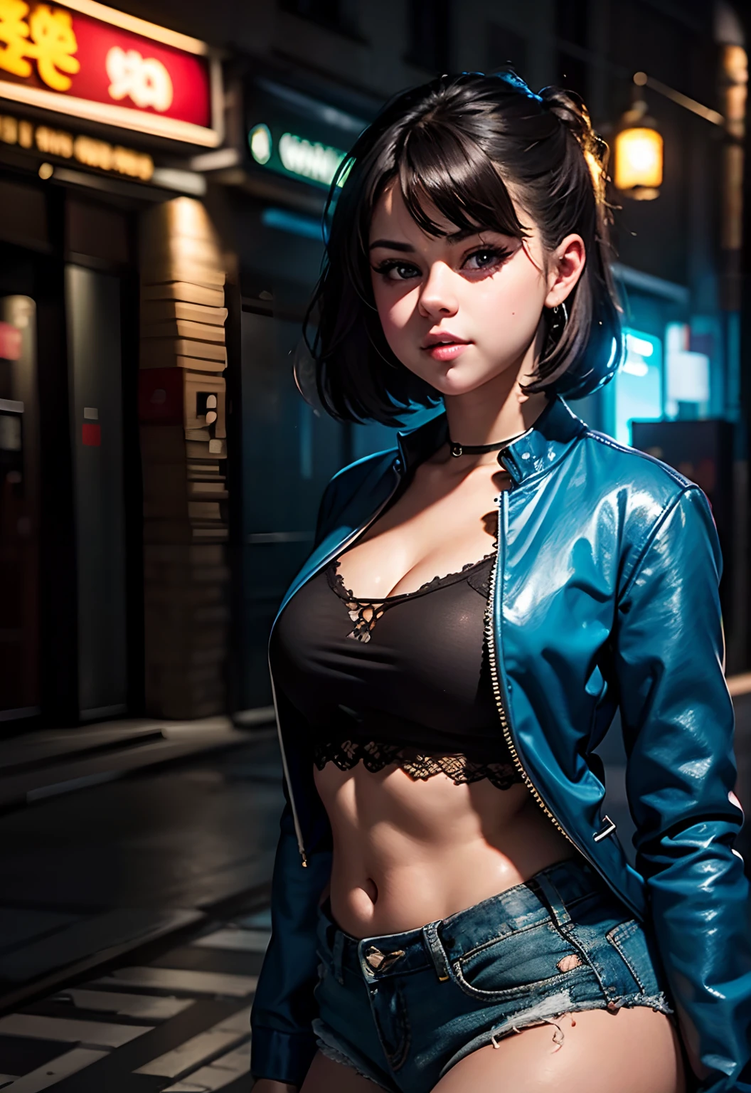 masterpiece, best quality, half body, portrait, night city, 1girl, ((Selena Gomez)), anime, 3D, pixar, realistic, teen girl, smiling, cute face, harajuku fashion style, rain coat, mini top, sexy top, very small top, jeans short, mini short, thigh clothes, beautiful, colourful, neon lights, cyberpunk, smooth skin, illustration, artstation, painting by stanley artgerm lau, sideways glance, foreshortening, extremely detailed 8K, smooth, high resolution, ultra quality, highly detail eyes, highly detail mouth, highly detailed face, perfect eyes, both eyes are the same, true light, glare, Iridescent, Global illumination, real hair movement, real light, real shadow, real face, hd, 2k, 4k, 8k, 16k, realistic light, realistic shadow, bright Eyes, fluorescent eyes, soft light, dream light